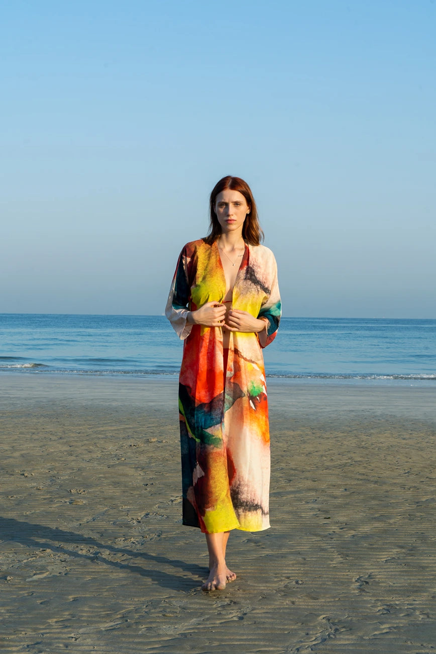 Enigma Abstract Multicolour Printed Long Kimono