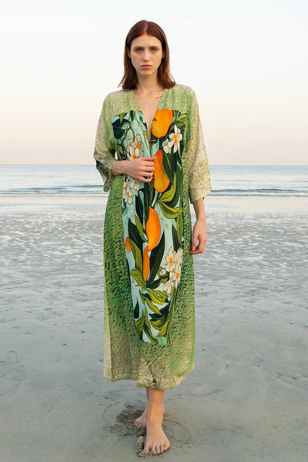 Fleur & Fruit Vintage Long Kimono - Green & Orange Fleur & Fruit Vintage Long Kimono - Green & Orange