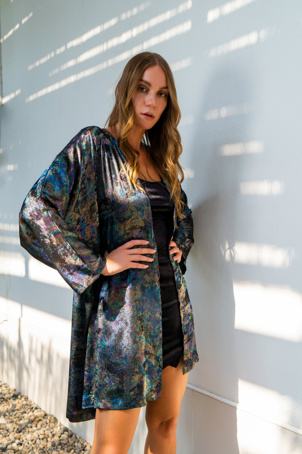 Shadow Of Sequin Shimmer Rainbow Black Short Kimono