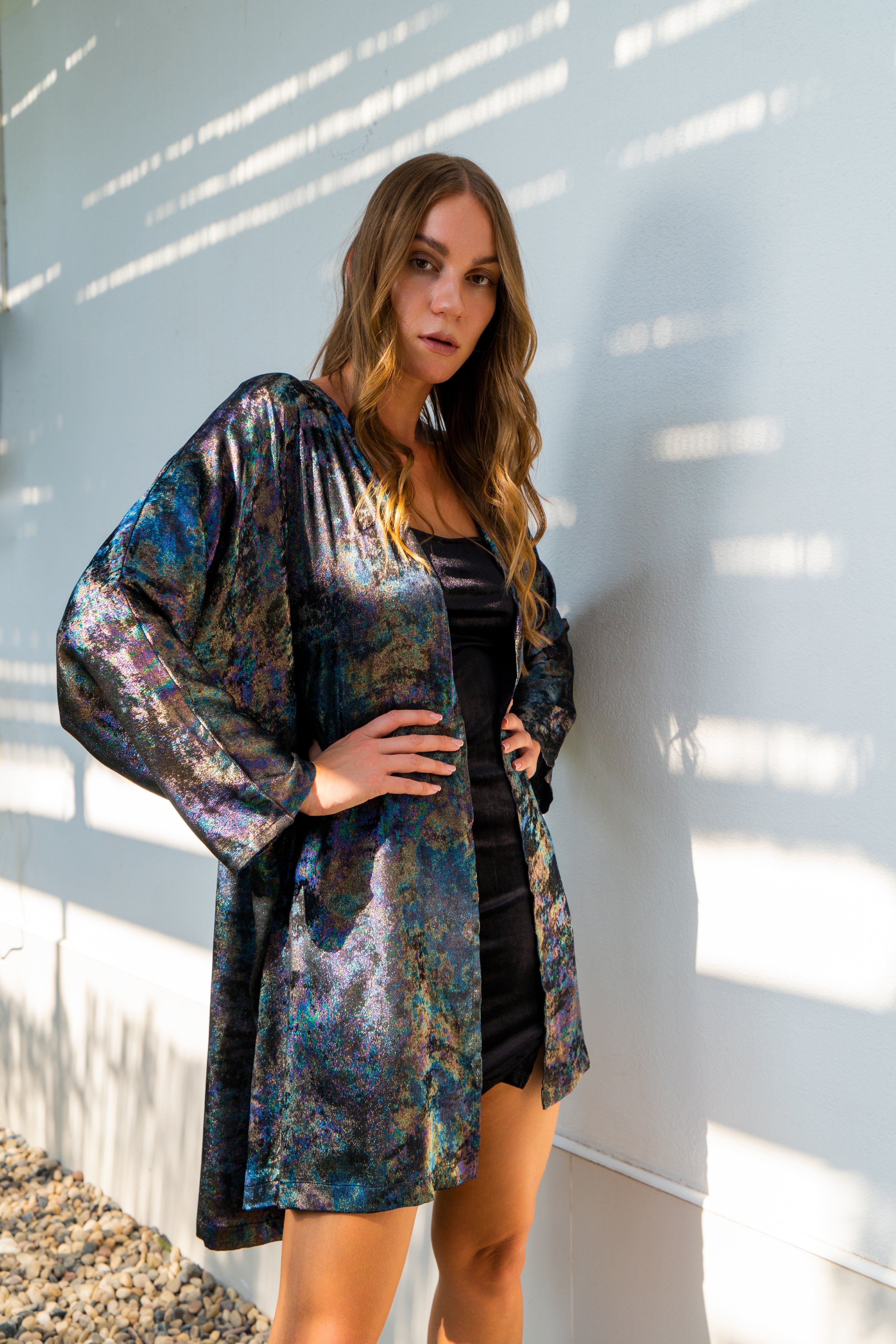 Shadow Of Sequin Shimmer Rainbow Black Short Kimono