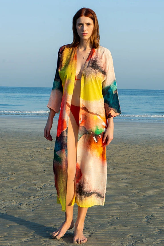 Enigma Abstract Multicolour Printed Long Kimono