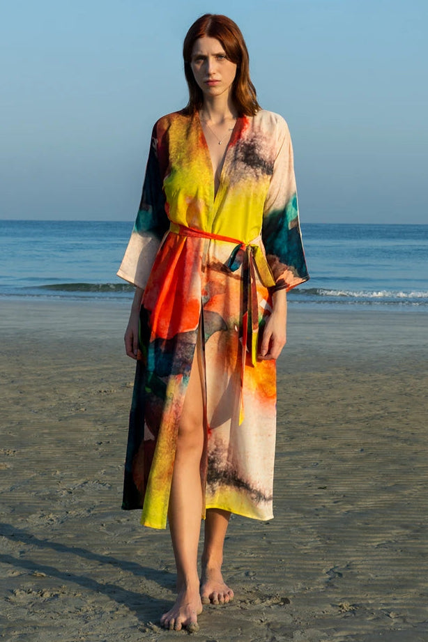 Enigma Abstract Multicolour Printed Long Kimono