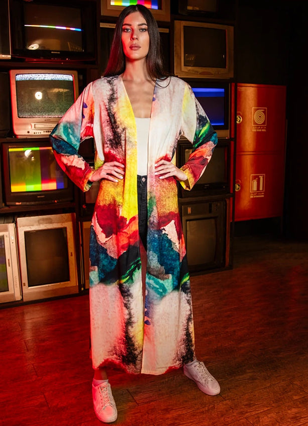 Enigma Abstract Multicolour Printed Long Kimono