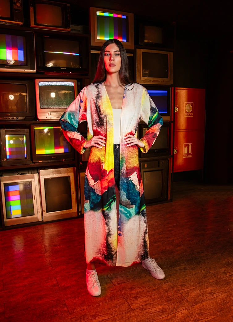 Enigma Abstract Multicolour Printed Long Kimono