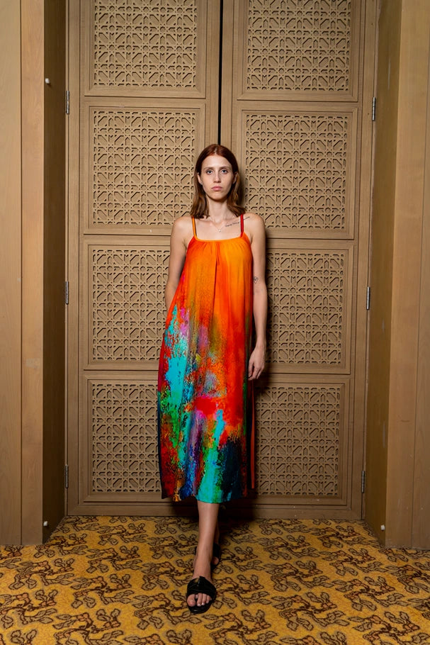 Roar Tiger Animal Print Abstract Multicolour Spaghetti Strap Maxi Dress