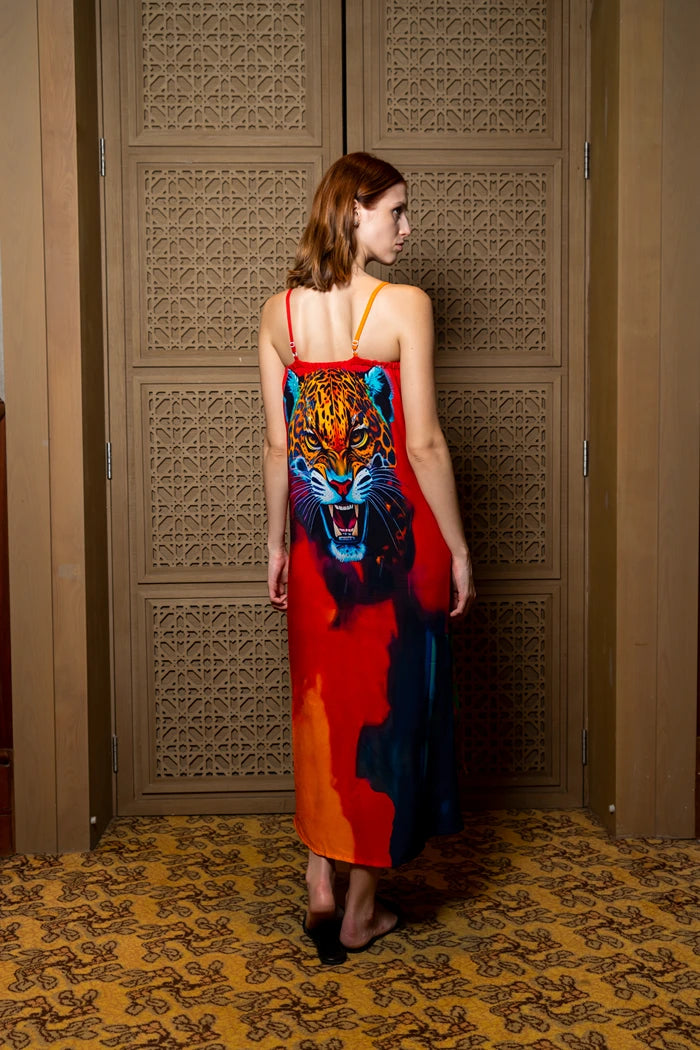 Roar Tiger Animal Print Abstract Multicolour Spaghetti Strap Maxi Dress