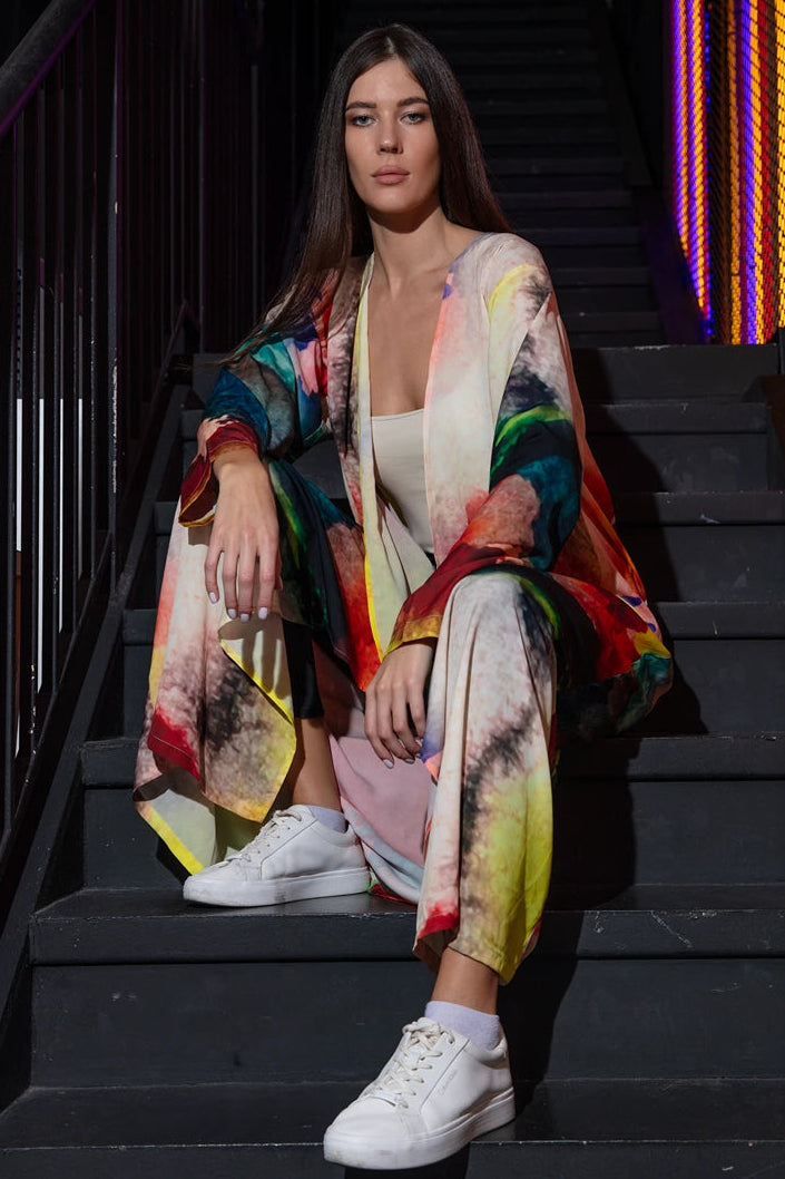 Enigma Abstract Multicolour Printed Long Kimono
