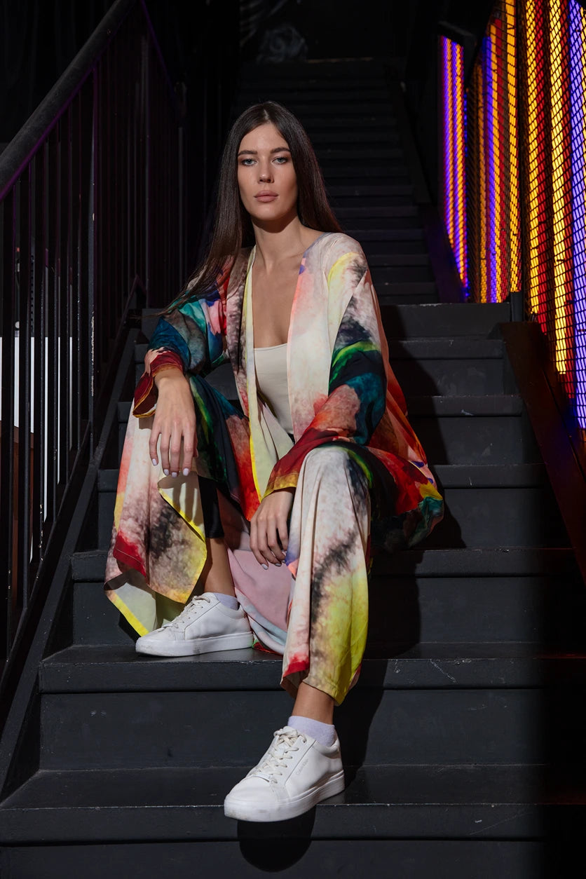 Enigma Abstract Multicolour Printed Long Kimono