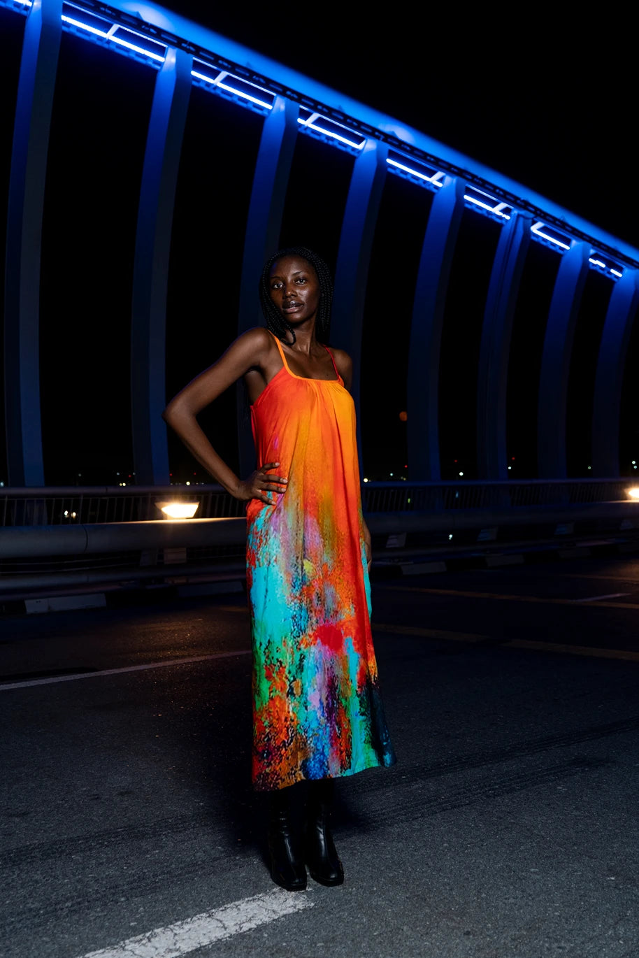 Roar Tiger Animal Print Abstract Multicolour Spaghetti Strap Maxi Dress