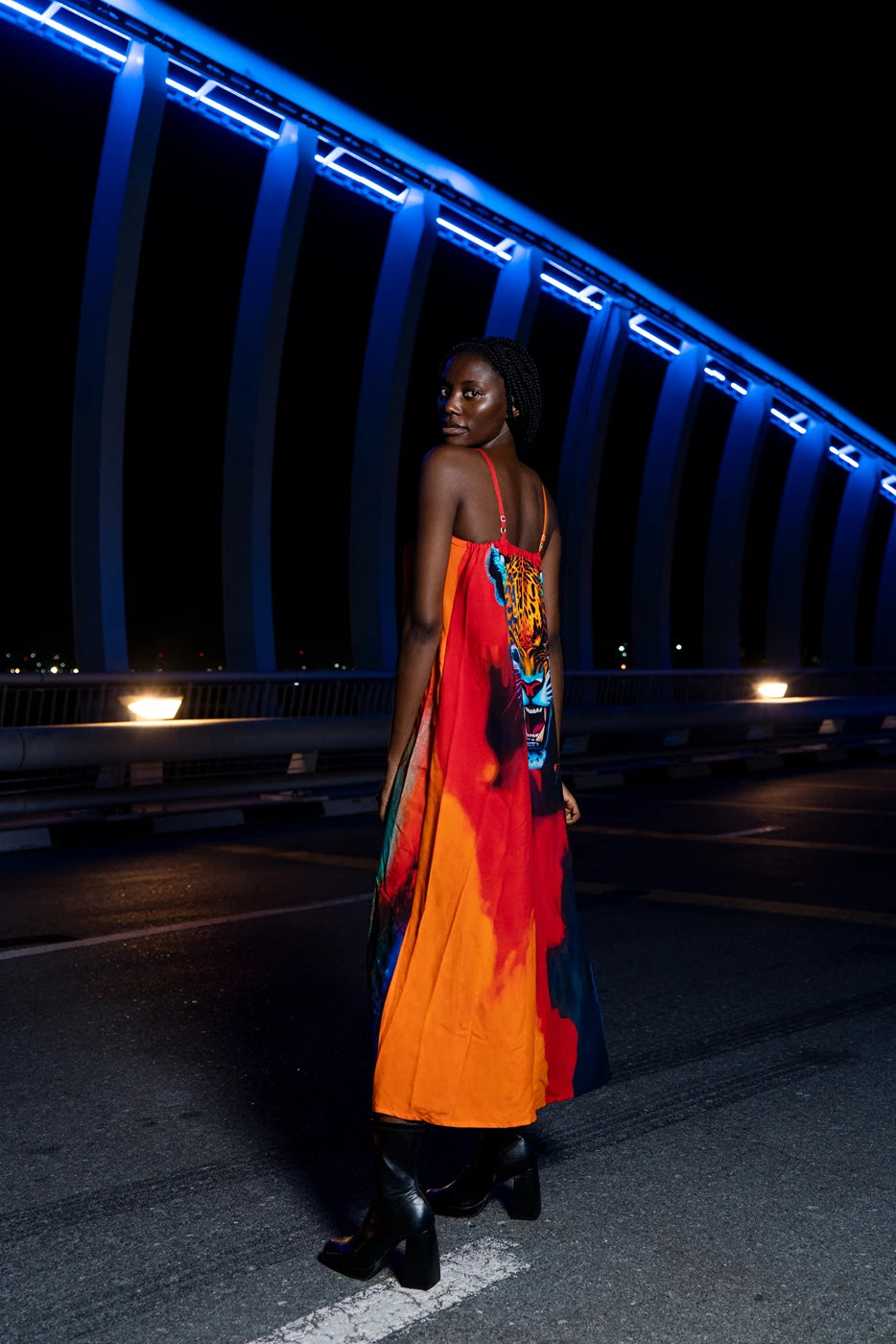 Roar Tiger Animal Print Abstract Multicolour Spaghetti Strap Maxi Dress