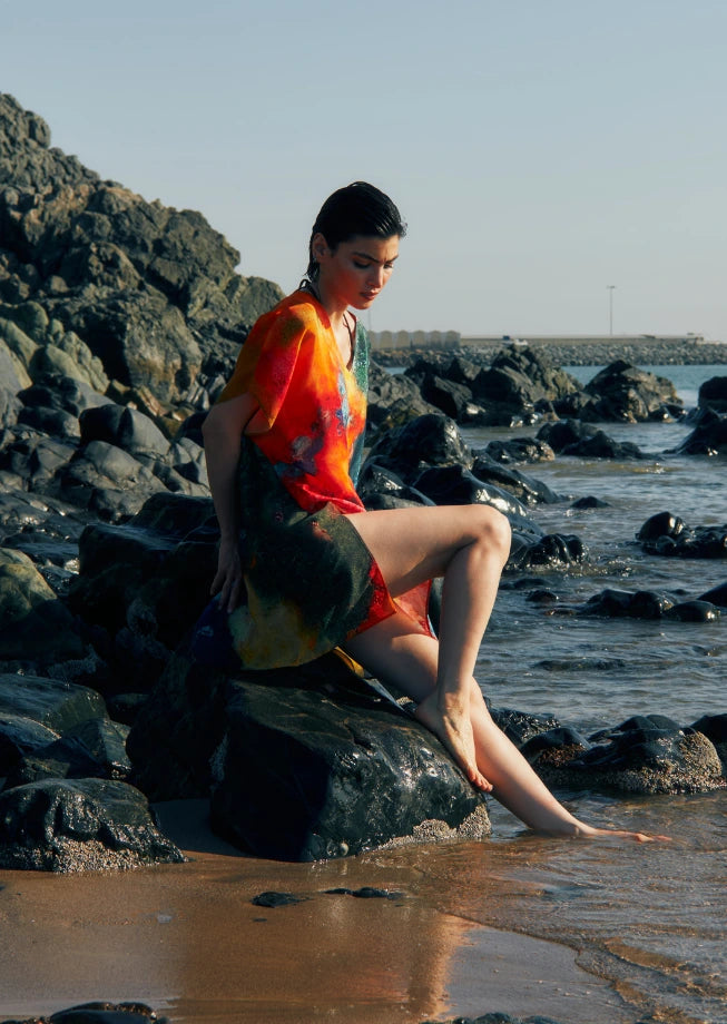 Canvas & Chaos Abstract Print Sheer Short Kaftan