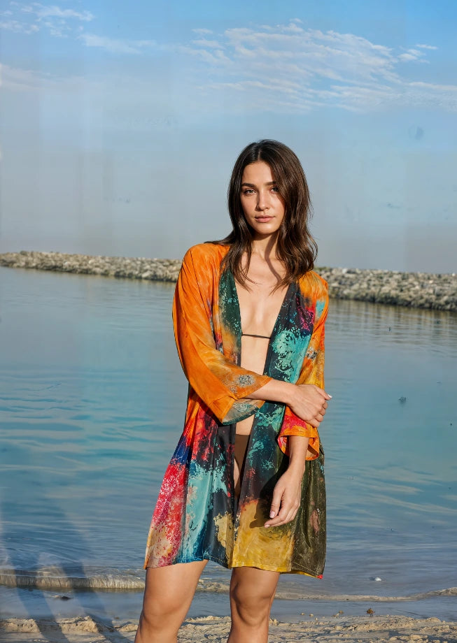 Canvas & Chaos Abstract Print Sheer Short kimono