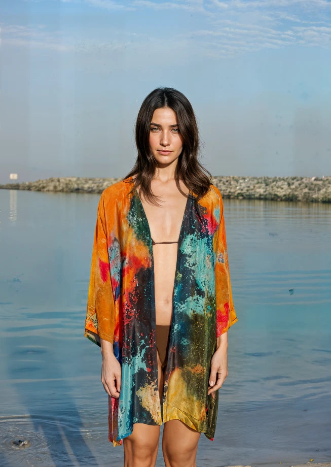 Canvas & Chaos Abstract Print Sheer Short kimono