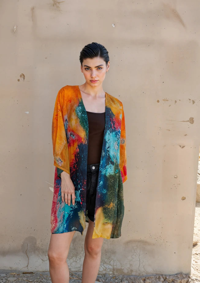 Canvas & Chaos Abstract Print Sheer Short kimono