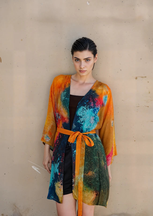 Canvas & Chaos Abstract Print Sheer Short kimono