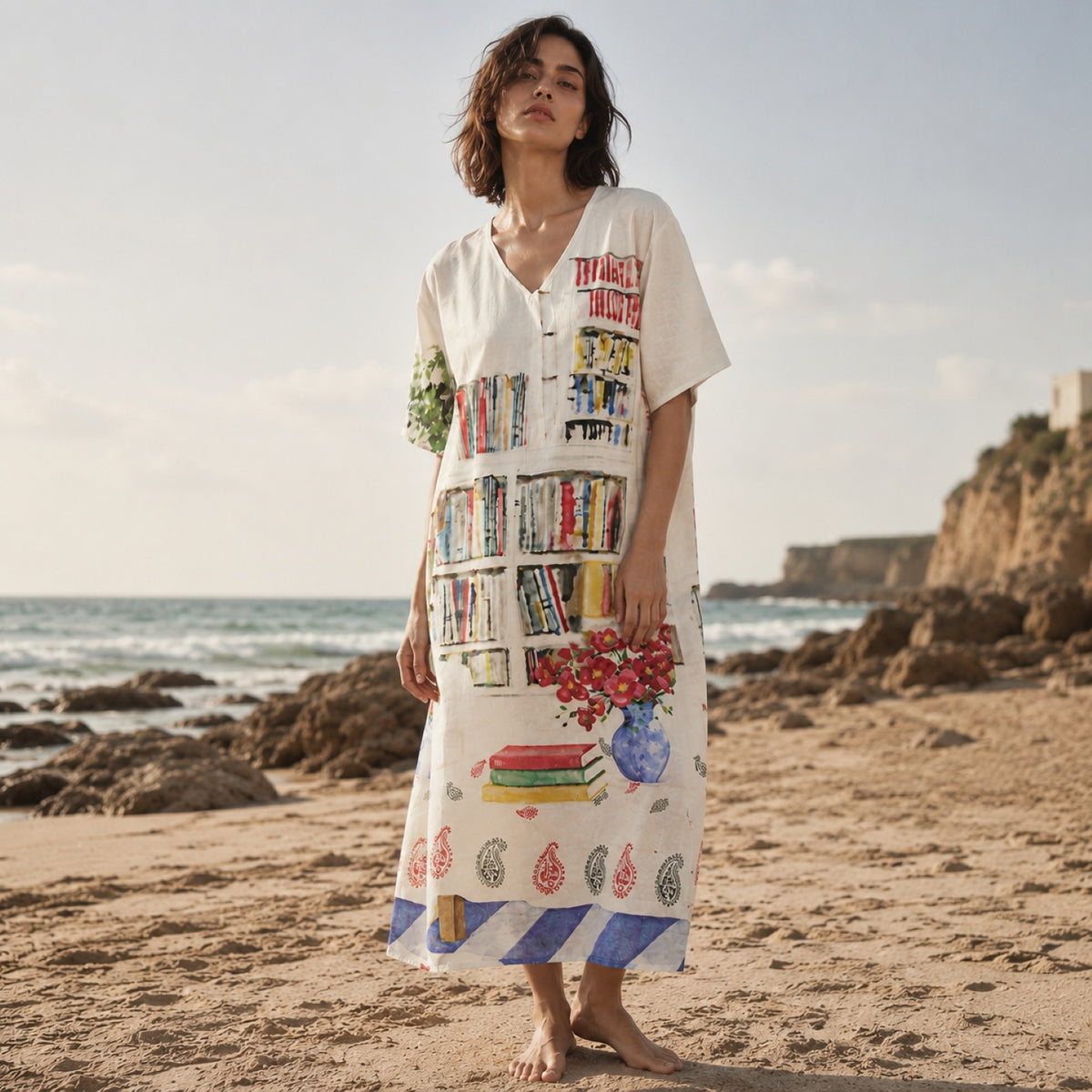 Abode Artistic Bookshelf Long Dress - Library Print