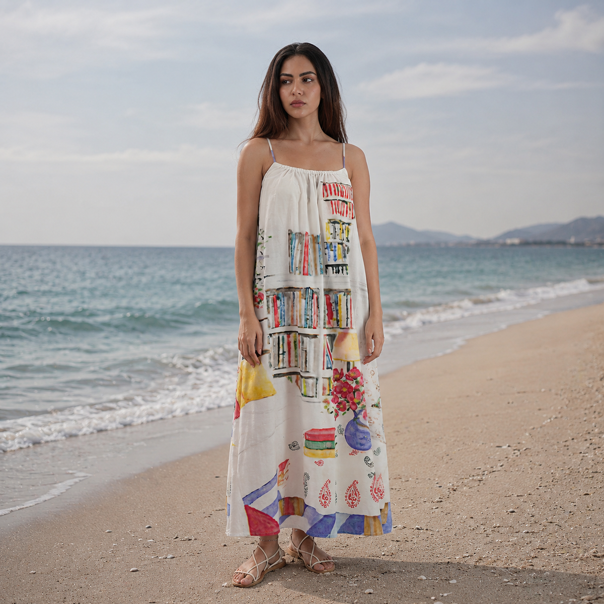 Abode Artistic Bookshelf Printed Spaghetti Strap Maxi Dress