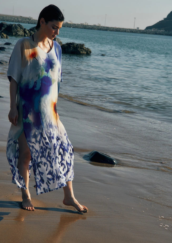 Dhara Sheth Dubai Ciel & Sand Sheer Long Kaftan With Side Slits