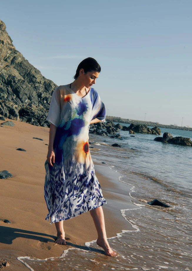 Dhara Sheth Dubai Ciel & Sand Sheer Long Kaftan With Side Slits