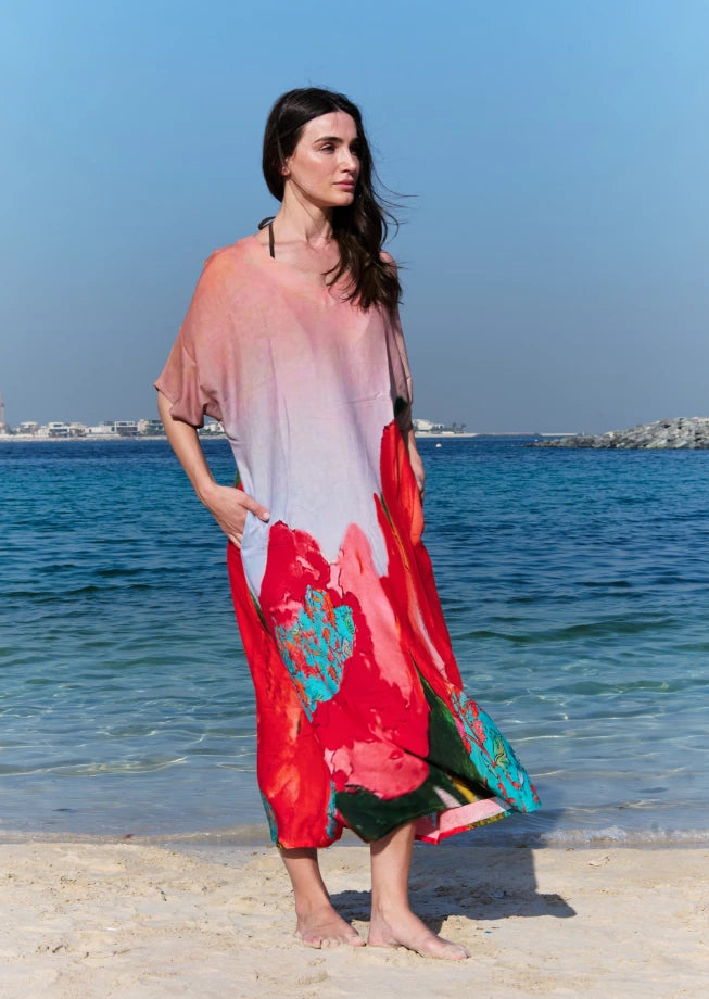 Coral Mirage Floral Long Kaftan