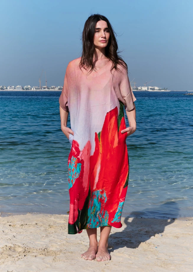 Coral Mirage Floral Long Kaftan