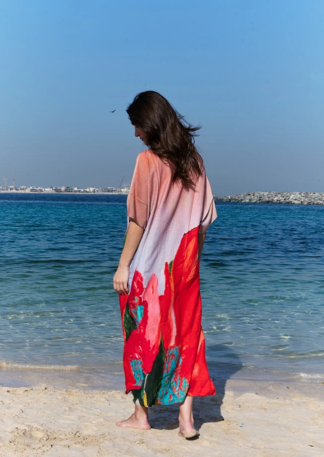 Coral Mirage Floral Long Kaftan