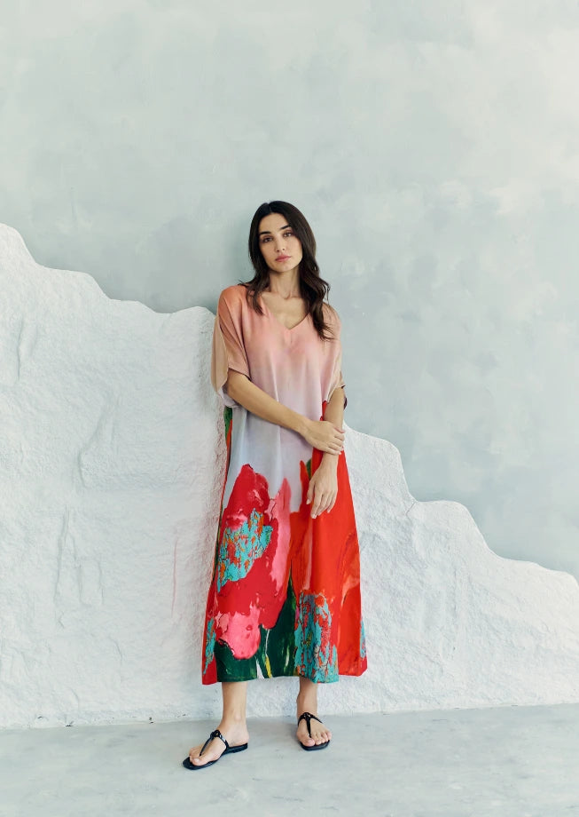 Coral Mirage Floral Long Kaftan