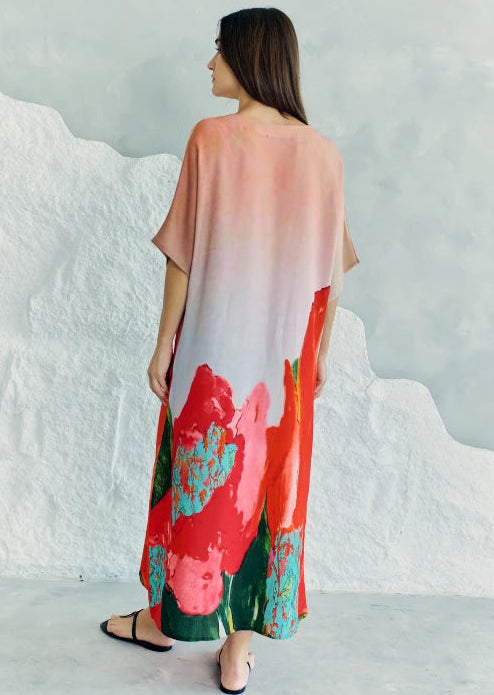 Dhara Sheth Dubai Coral Mirage Floral Long Kaftan Dress