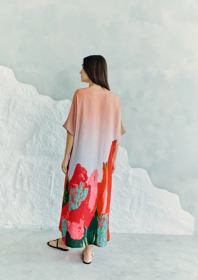 Coral Mirage Floral Long Kaftan