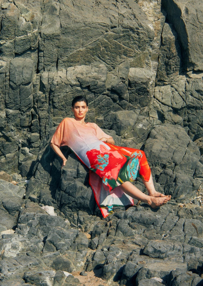 Coral Mirage Floral Long Kaftan With Side Slits