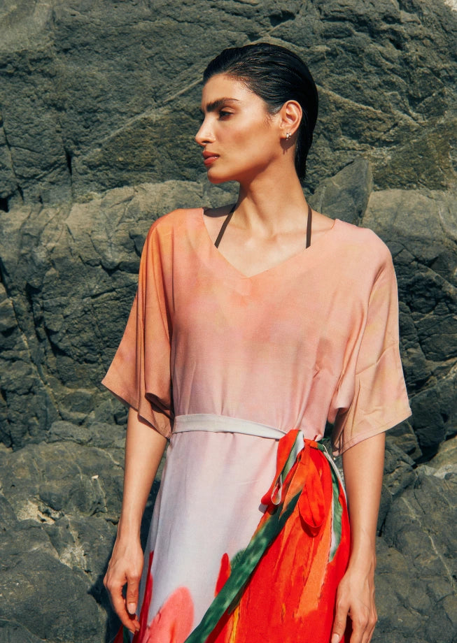 Coral Mirage Floral Long Kaftan With Side Slits