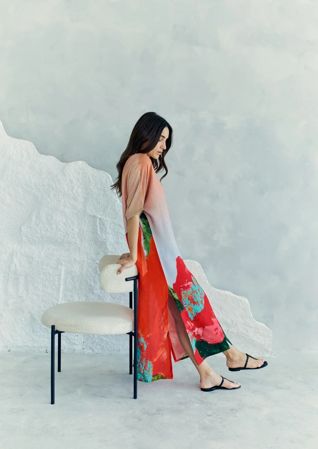 Coral Mirage Floral Long Kaftan With Side Slits