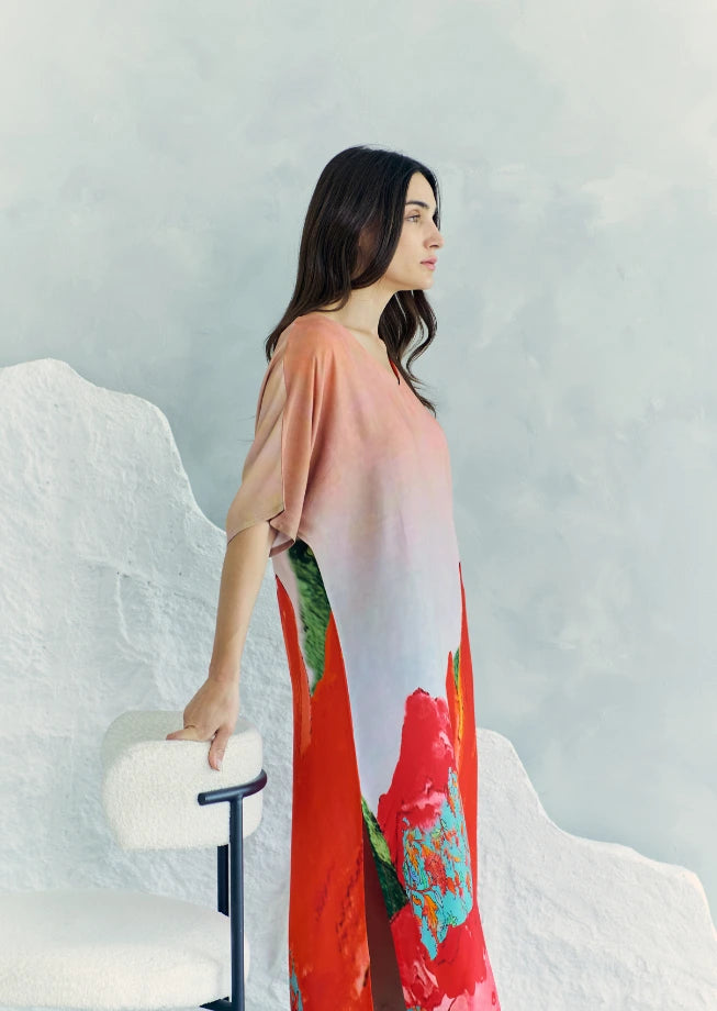 Coral Mirage Floral Long Kaftan With Side Slits
