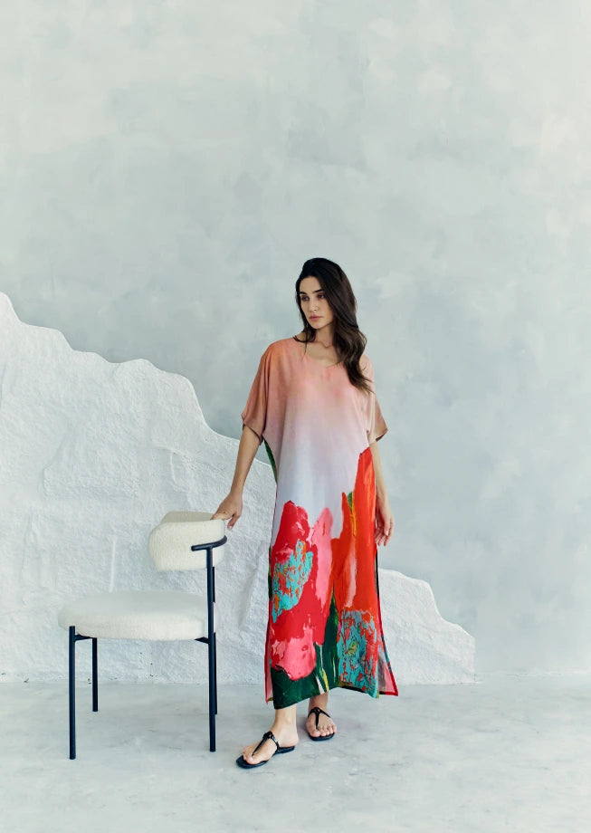 Coral Mirage Floral Long Kaftan With Side Slits