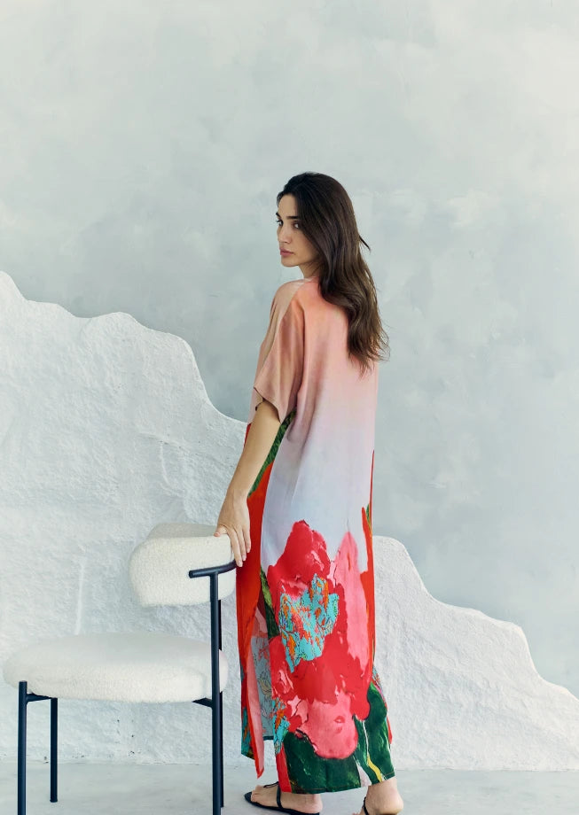 Coral Mirage Floral Long Kaftan With Side Slits