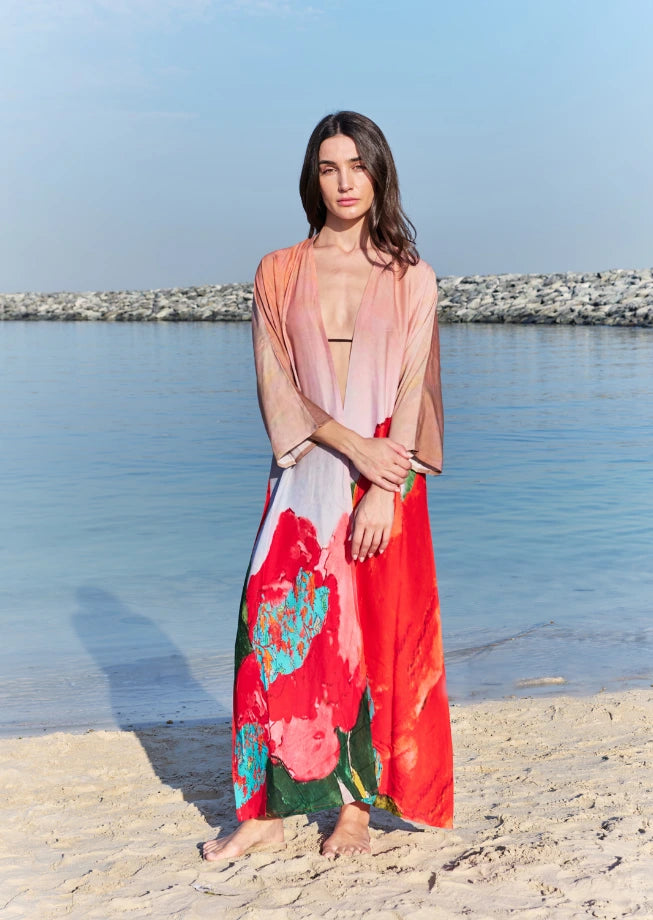 Coral Mirage Floral Long Kimono