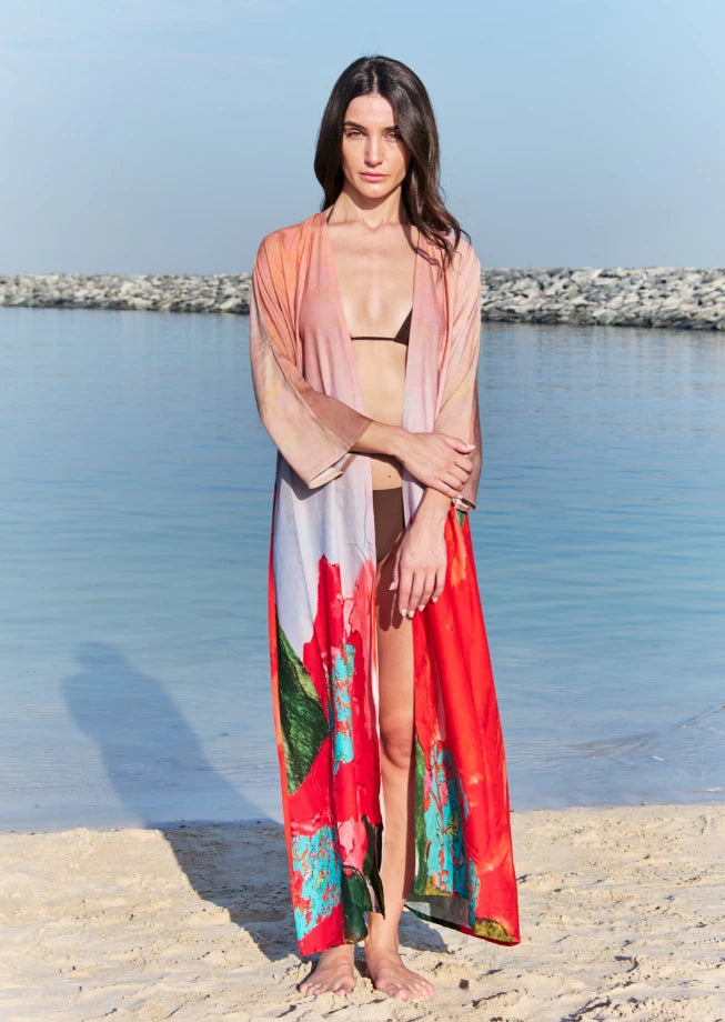 Coral Mirage Floral Long Kimono