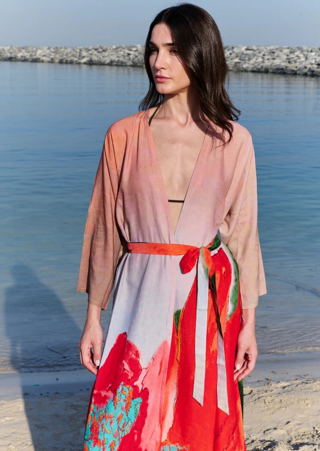 Coral Mirage Floral Long Kimono