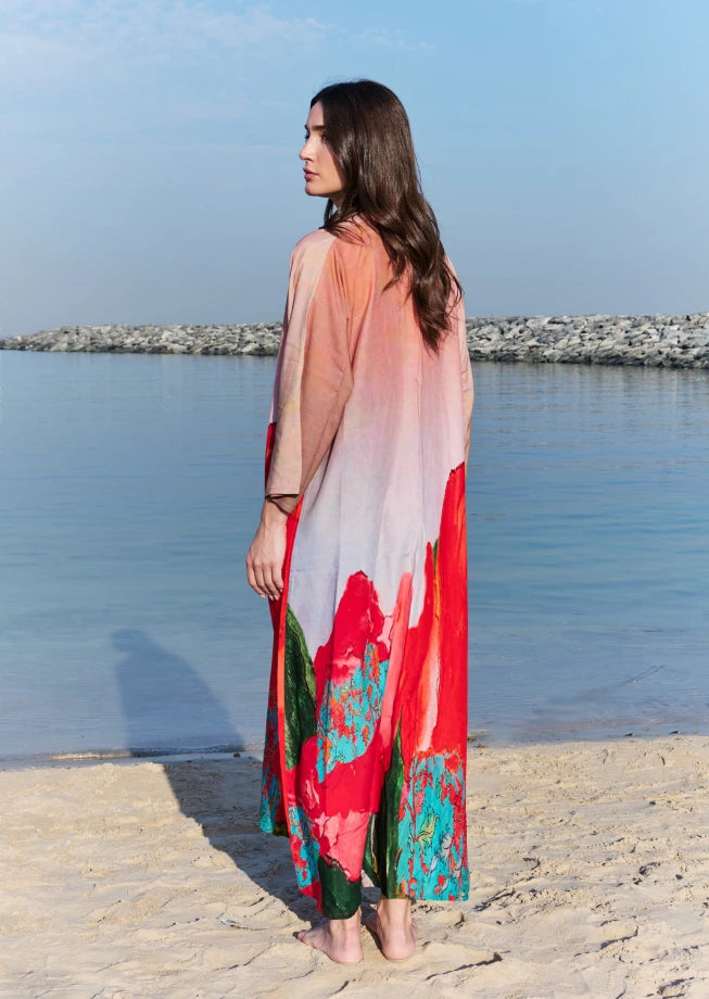 Coral Mirage Floral Long Kimono