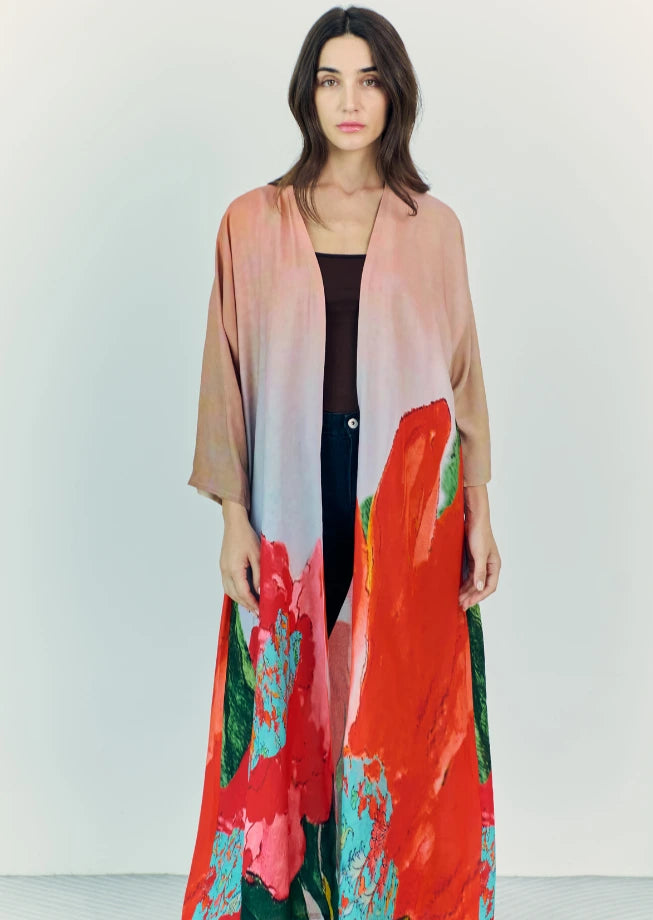 Coral Mirage Floral Long Kimono