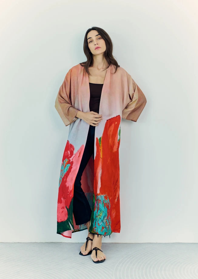Coral Mirage Floral Long Kimono