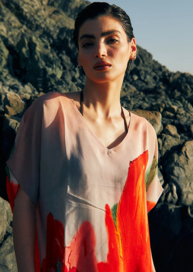 Coral Mirage Floral Sheer Short kaftan