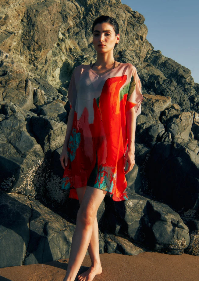 Coral Mirage Floral Sheer Short kaftan
