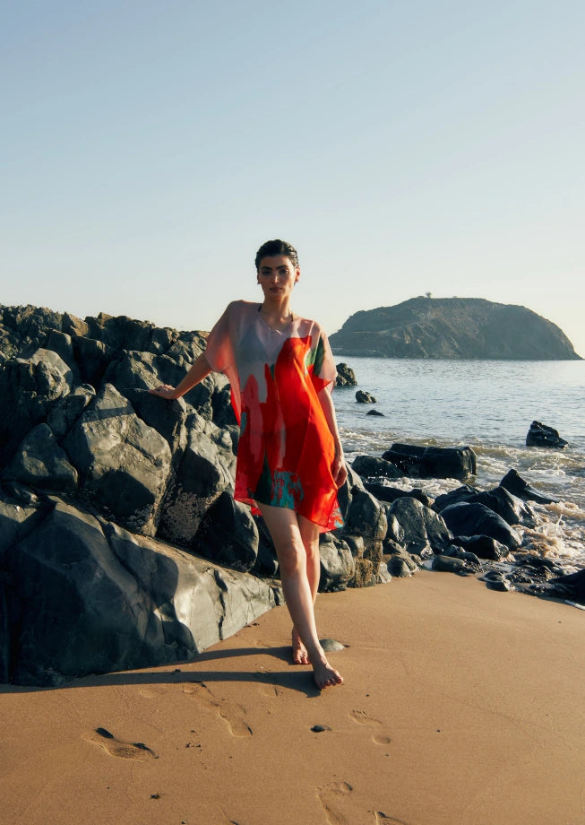 Coral Mirage Floral Sheer Short kaftan