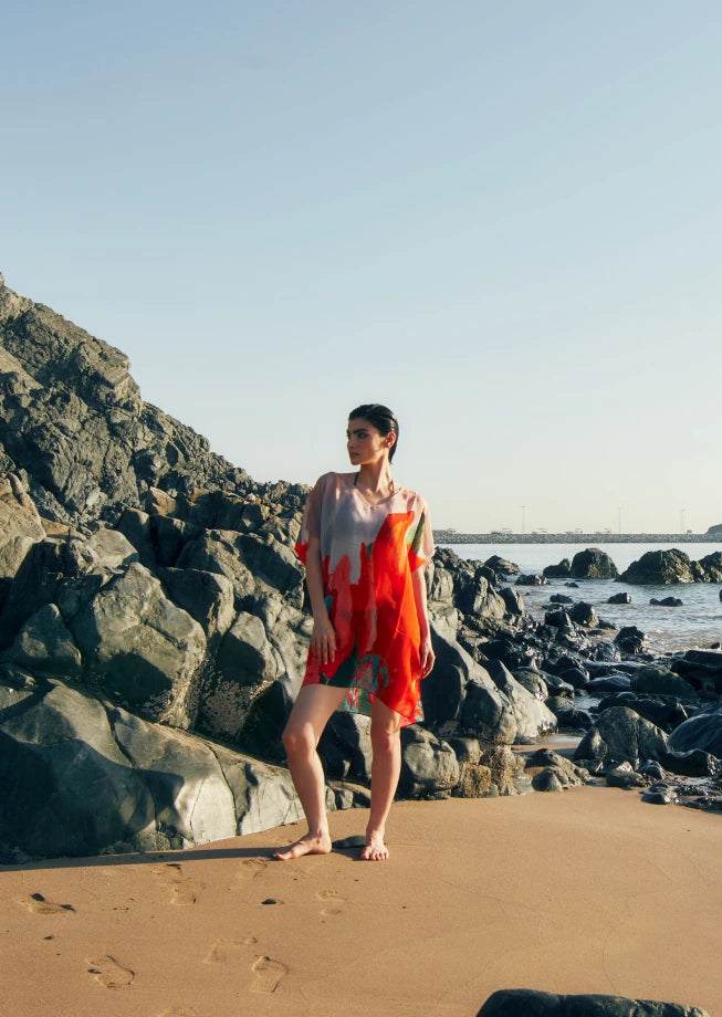 Coral Mirage Floral Sheer Short kaftan