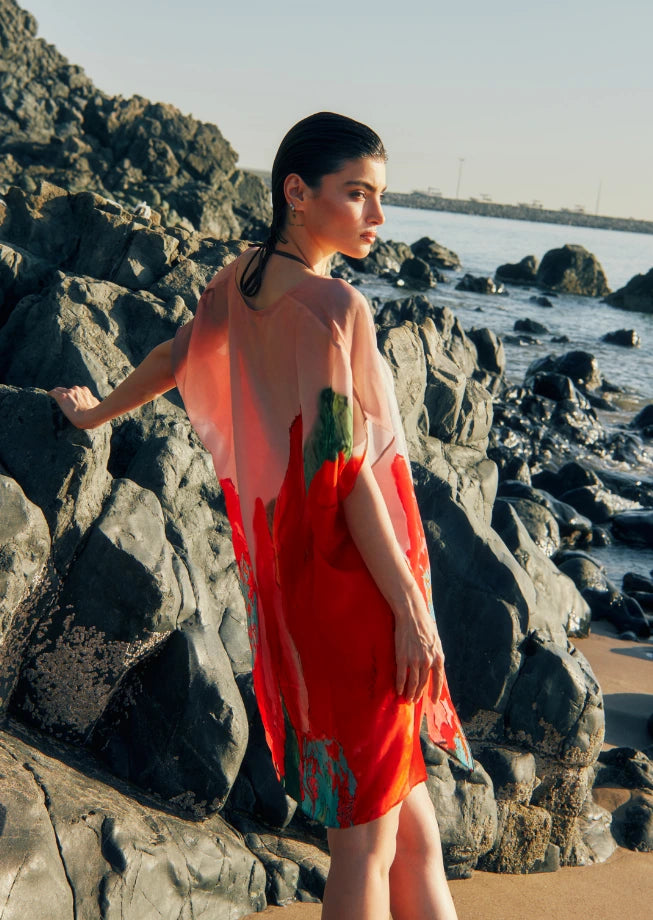 Coral Mirage Floral Sheer Short kaftan