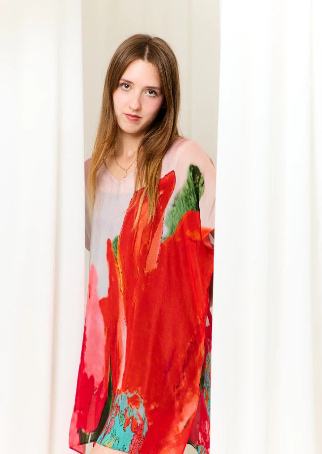 Coral Mirage Floral Sheer Short kaftan