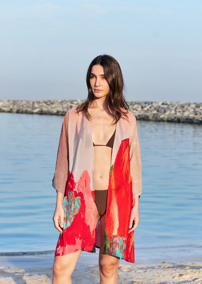 Coral Mirage Floral Sheer Short kimono