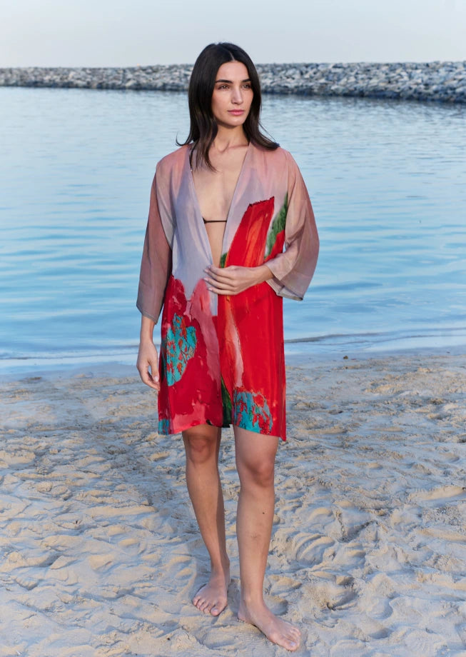 Coral Mirage Floral Sheer Short kimono