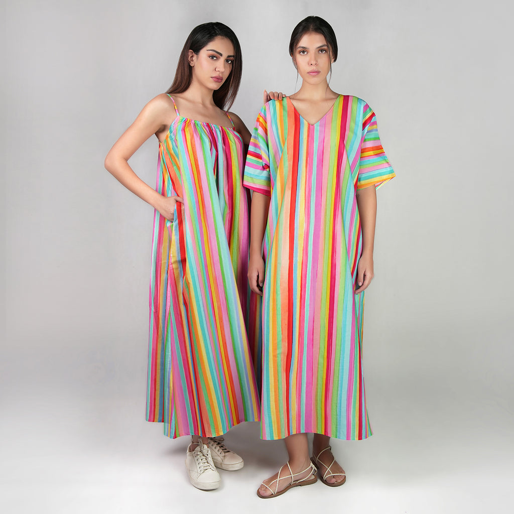 The Palette Multicolour Rainbow Colour Long Kaftan Dress With Side Slit